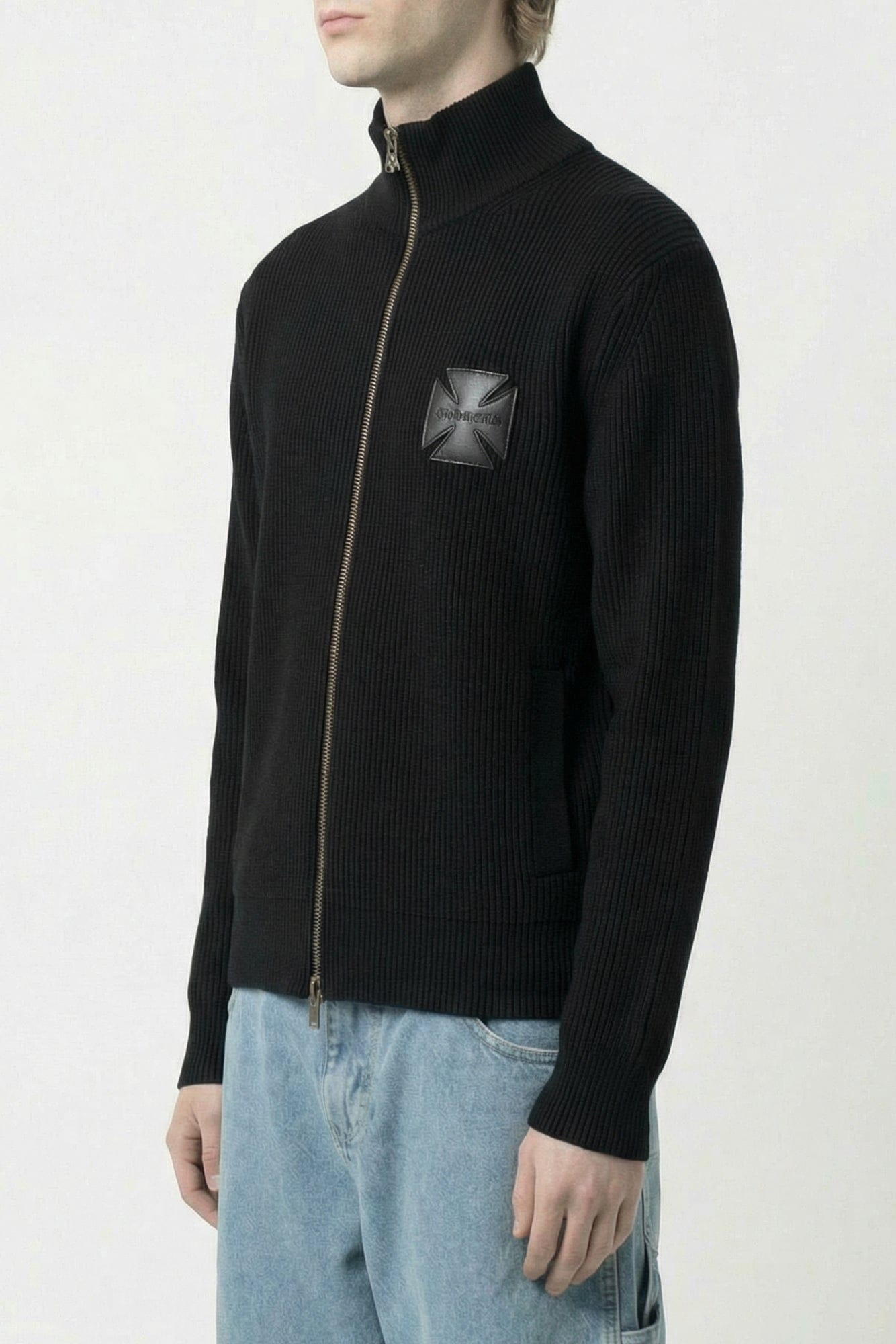 Vetements Leather Cross Zip-Up Sweater in Black side