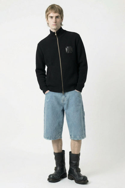Vetements Leather Cross Zip-Up Sweater in Black full look