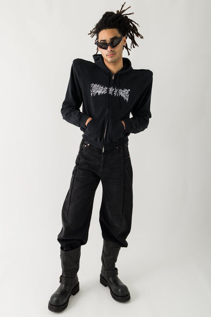 Vetements Logo Extreme Shoulder Fitted Zip-Up Hoodie full look