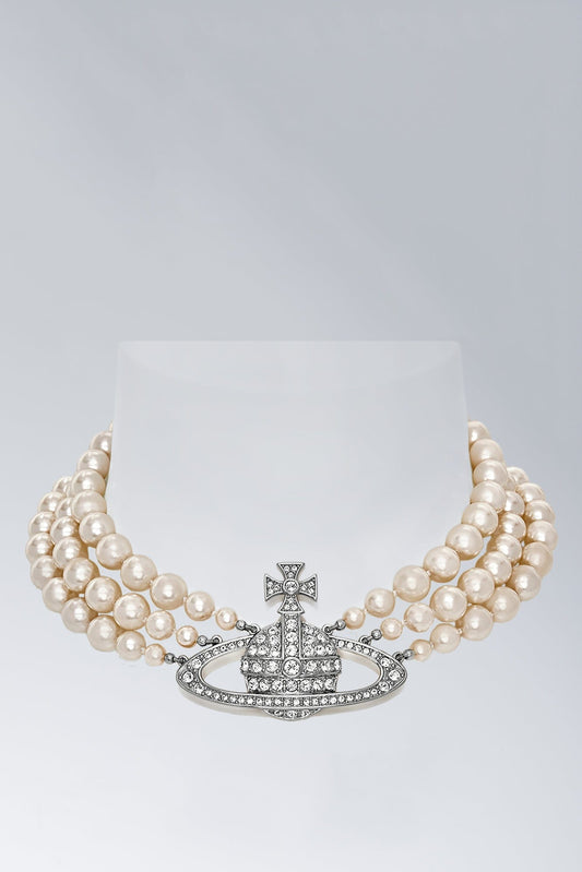 Vivienne Westwood Three Row Pearl Bas Relief on neck