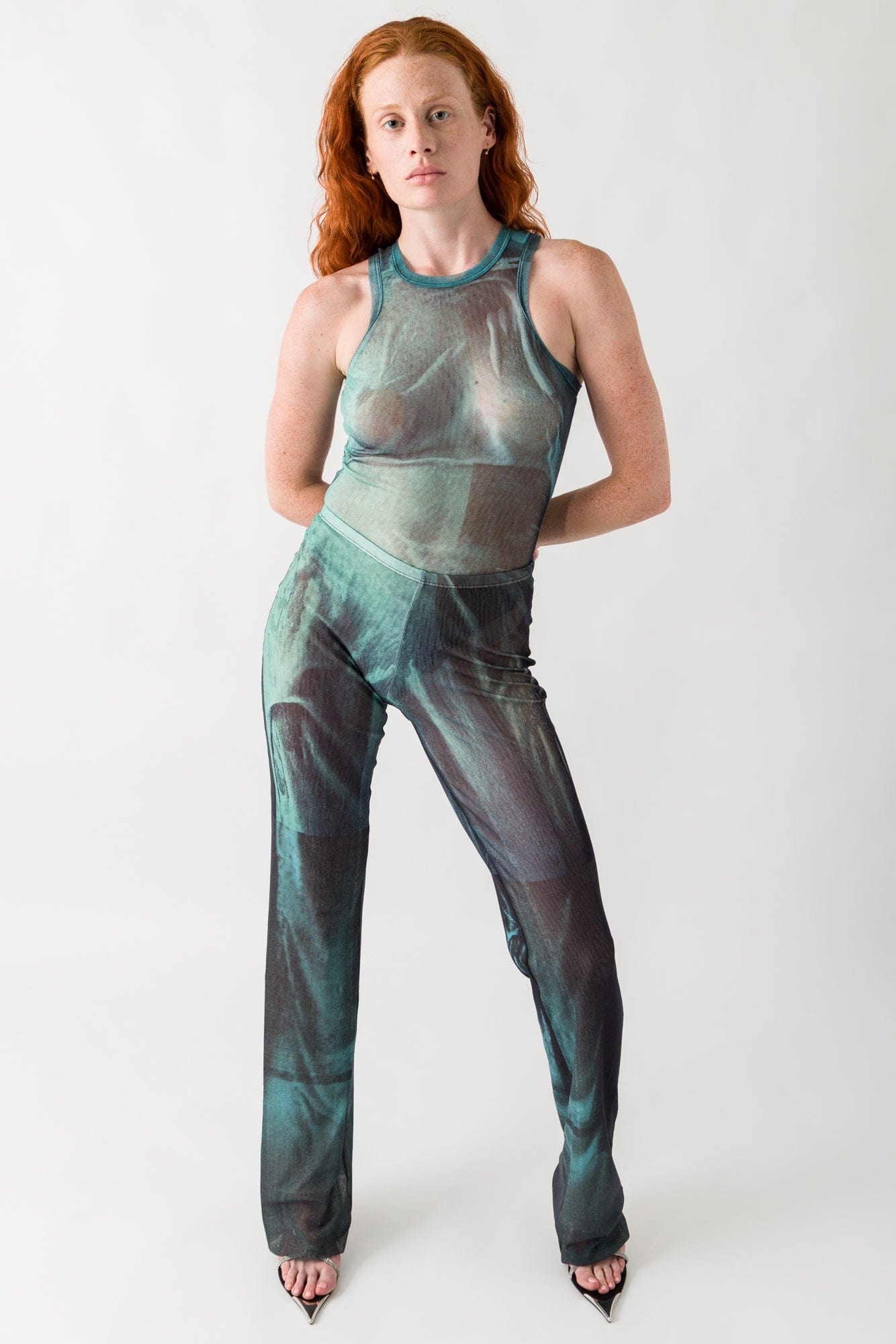 Jean Paul Gaultier Mesh Printed Bodysuit In Water full look