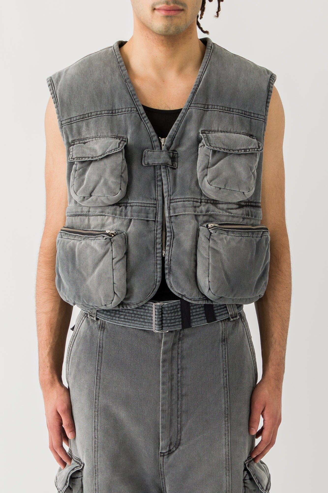 Lu'u Dan Wadded Cargo Vest in Washed Denim
