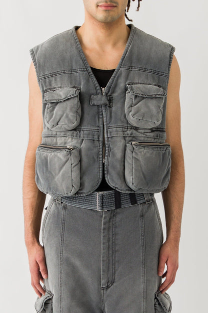 Lu'u Dan Wadded Cargo Vest in Washed Denim