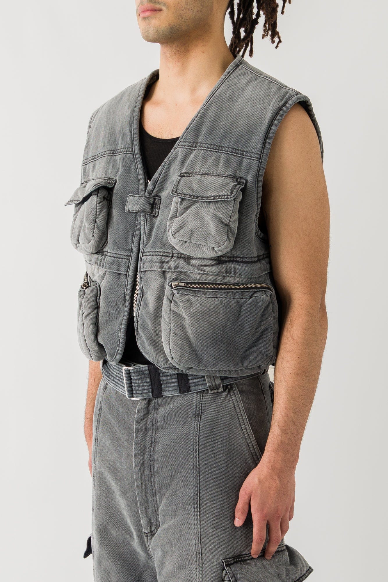 Lu'u Dan Wadded Cargo Vest in Washed Denim side