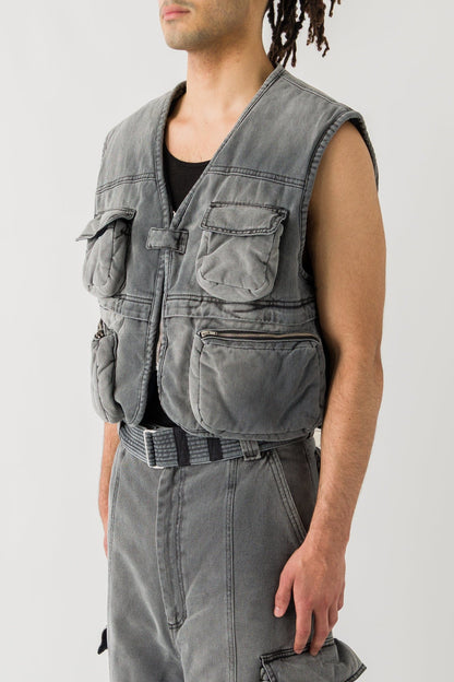 Lu'u Dan Wadded Cargo Vest in Washed Denim side