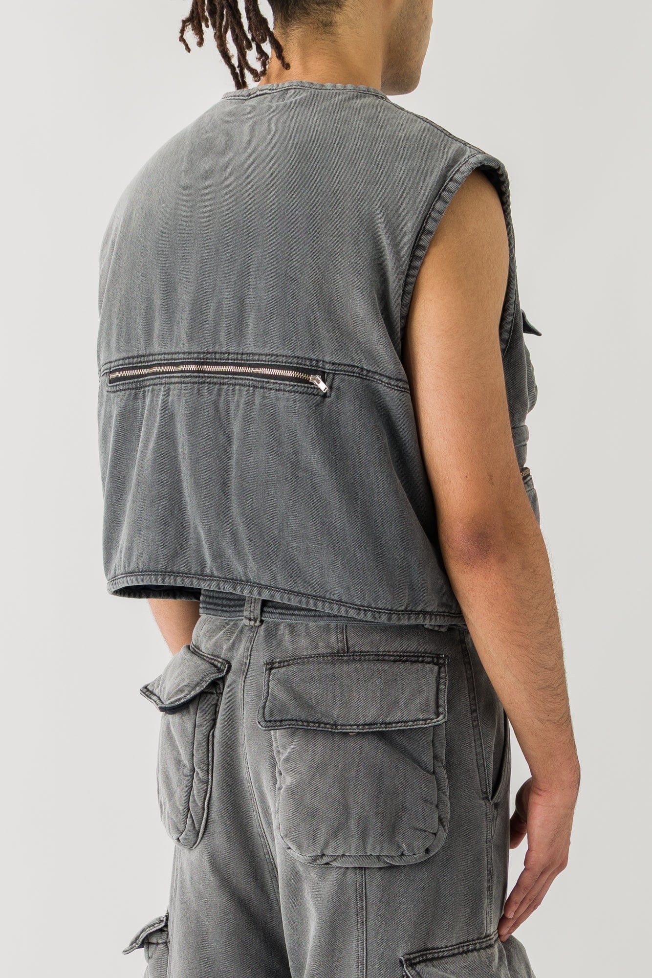 Lu'u Dan Wadded Cargo Vest in Washed Denim