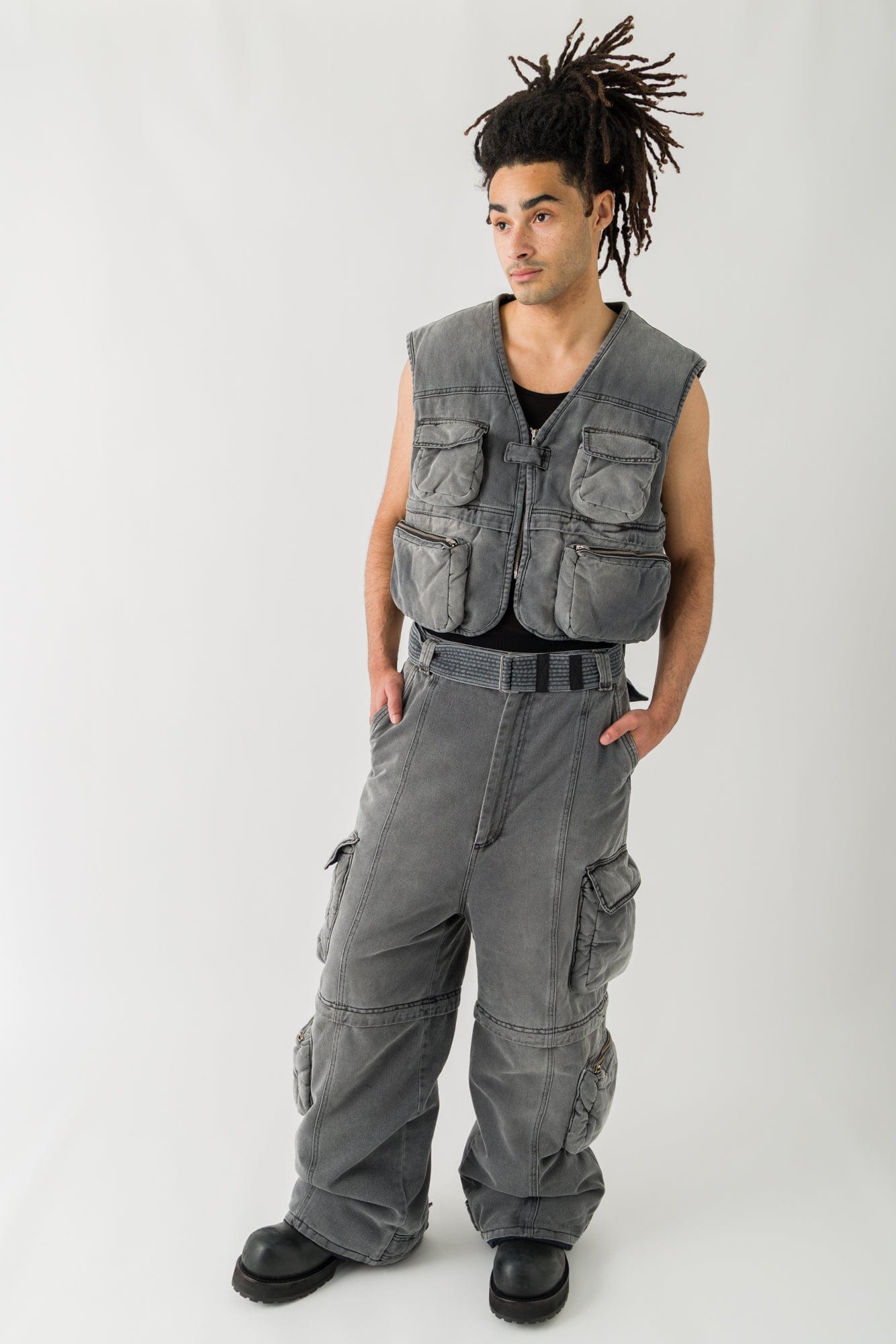 Lu'u Dan Wadded Cargo Jeans in Washed Denim