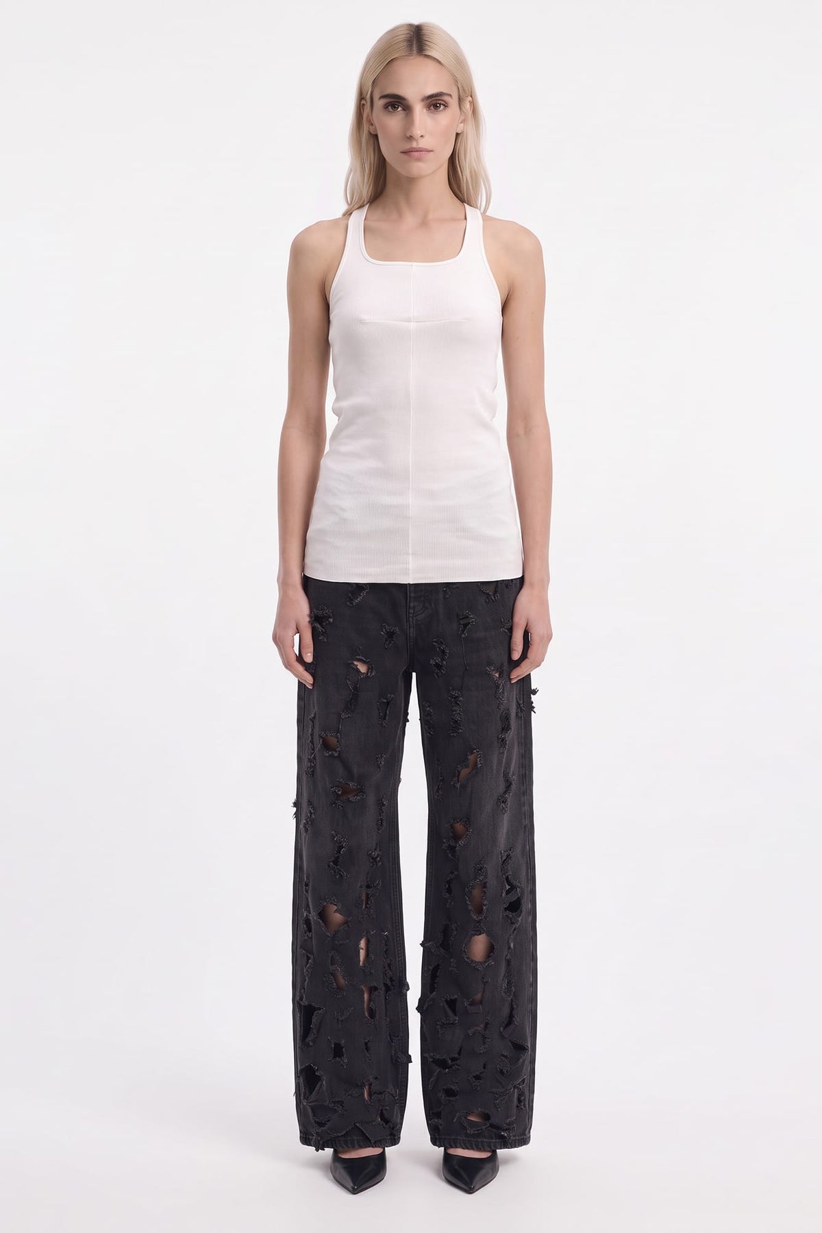Matières Fécales Cross Seam Tank in White TS full look