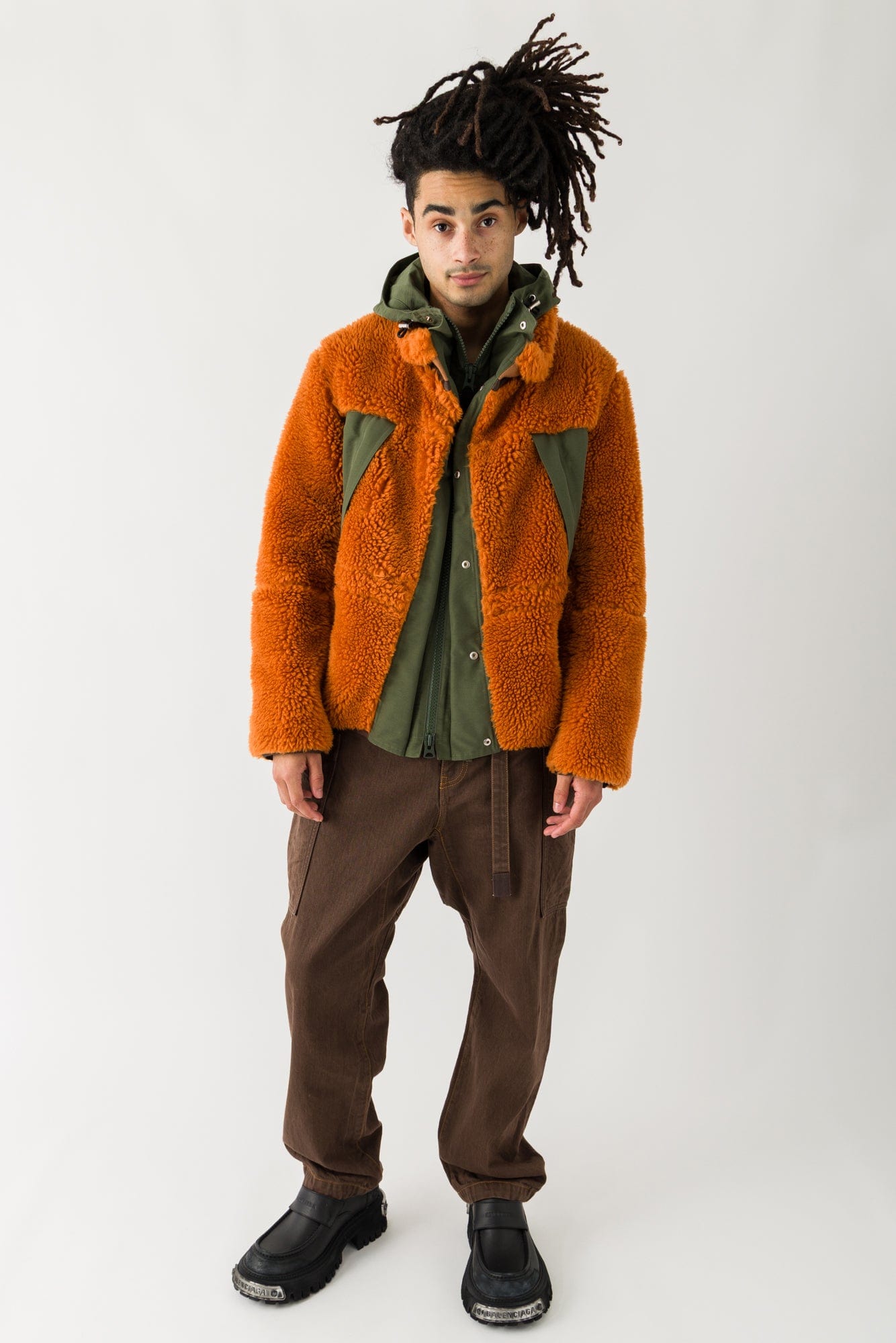 Sacai Faux Shearling Blouson In Orange/Khaki full look