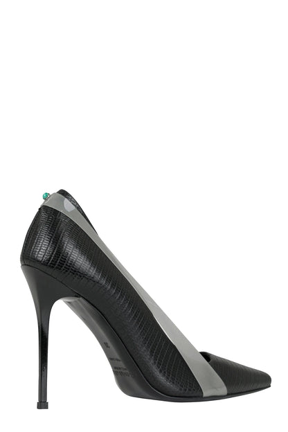 Steven Ma Wrapped Heels in Black Lizard angled view