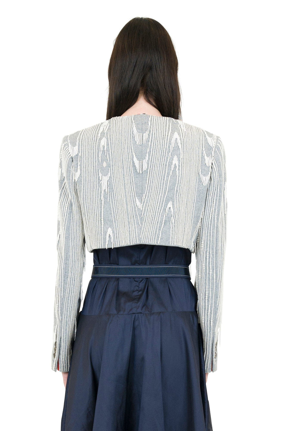 Thom Browne Fitted Cropped Cardigan Jacket in Flannel Pearl Fringe
